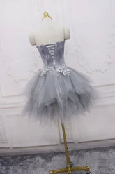 Gray Tulle Short Prom Dress with Feather, Chic A-Line Strapless Party Dress